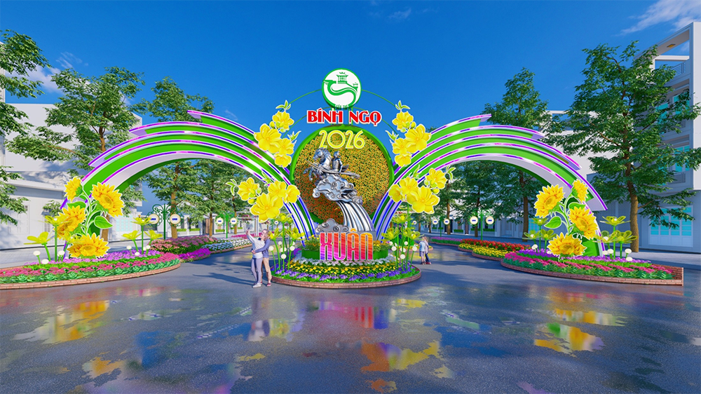 Phối cảnh cổng phụ đường hoa nghệ thuật Cần Thơ Tết Nguyên đán năm 2026. Ảnh: Ban tổ chức